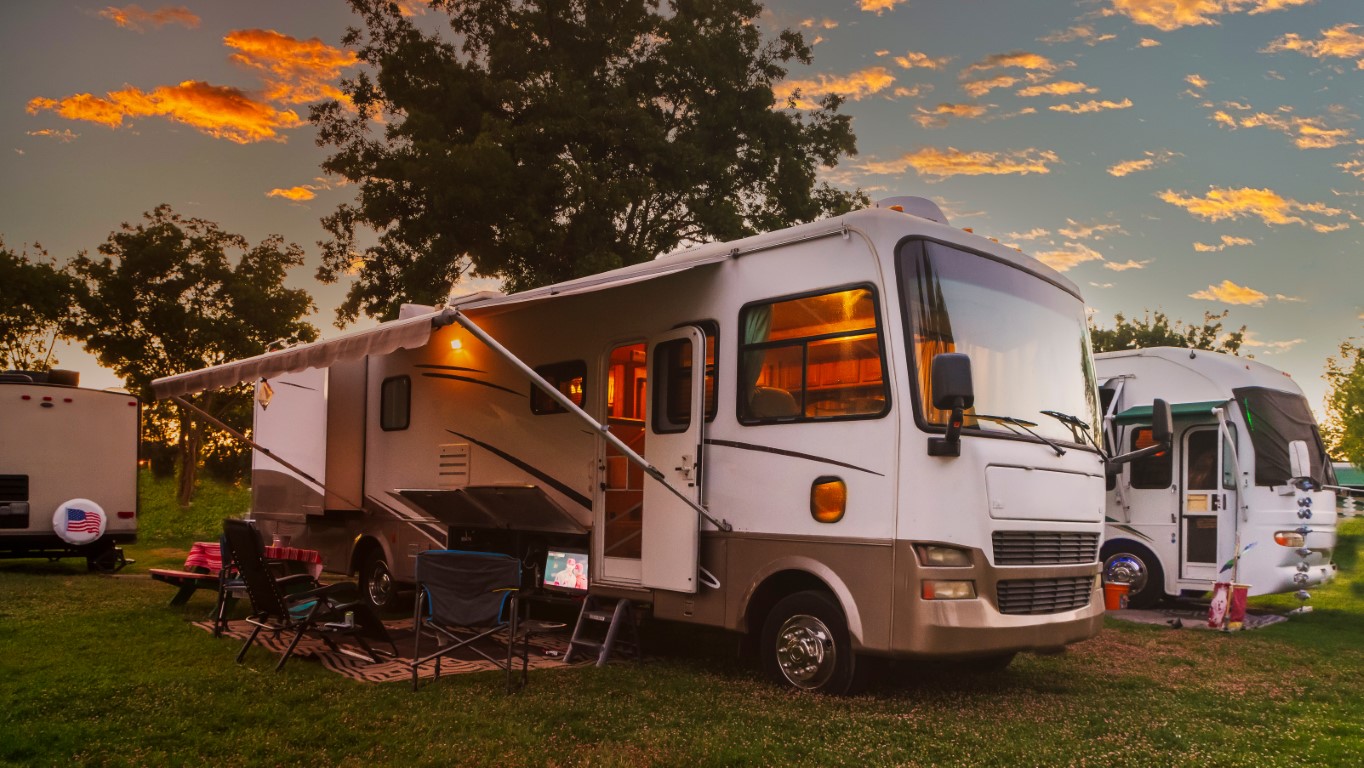 RV in front of sunset sky